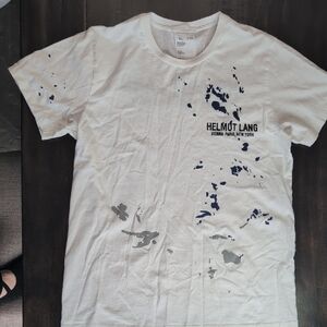 Helmut Lang Men’s Paint Splatter Logo Tee – White Designer T-Shirt Large